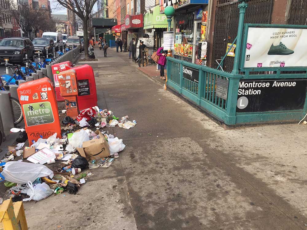 Montrose avenue has a litter problem ever since the department of sanitation removed litter bins