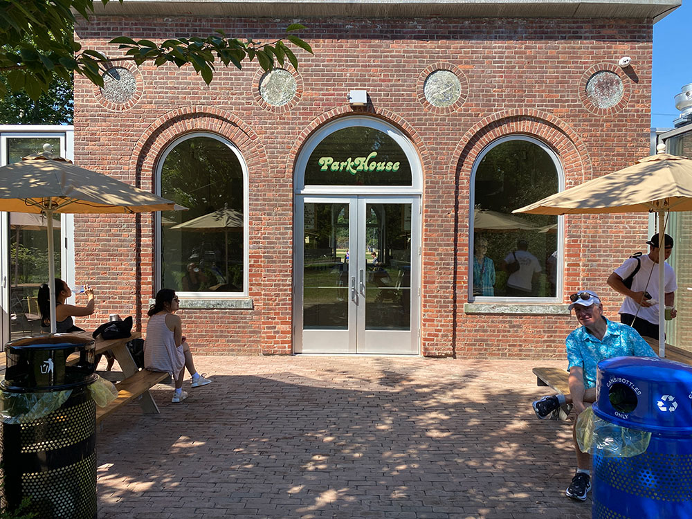 The rear entrance of the Park House is the former toilets and maintenance building in McCarren park converted into a bar, coffee shop, and ice cream shop