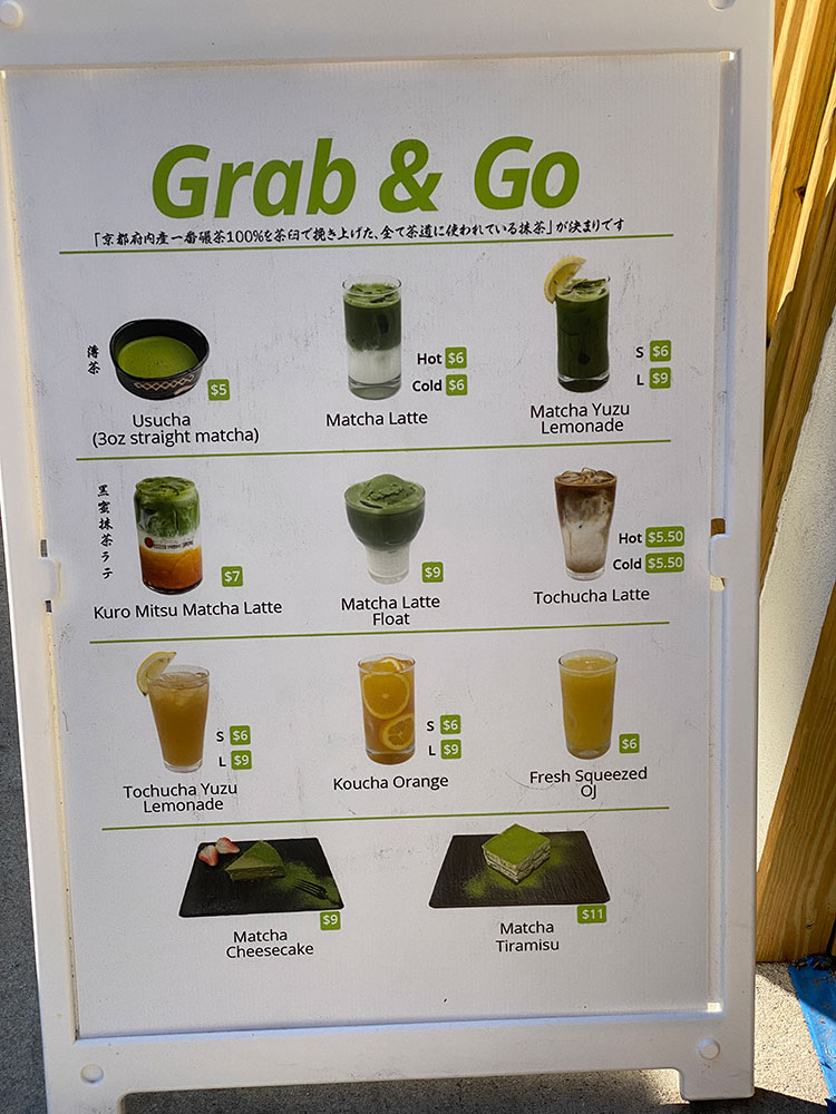 the sandwich board menu advertising macha drinks at Nippon Cha