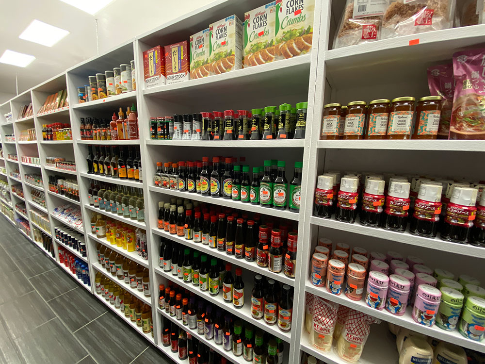 Tokyo mart is stocked with a variety of Asian food products like all of these assorted sauces