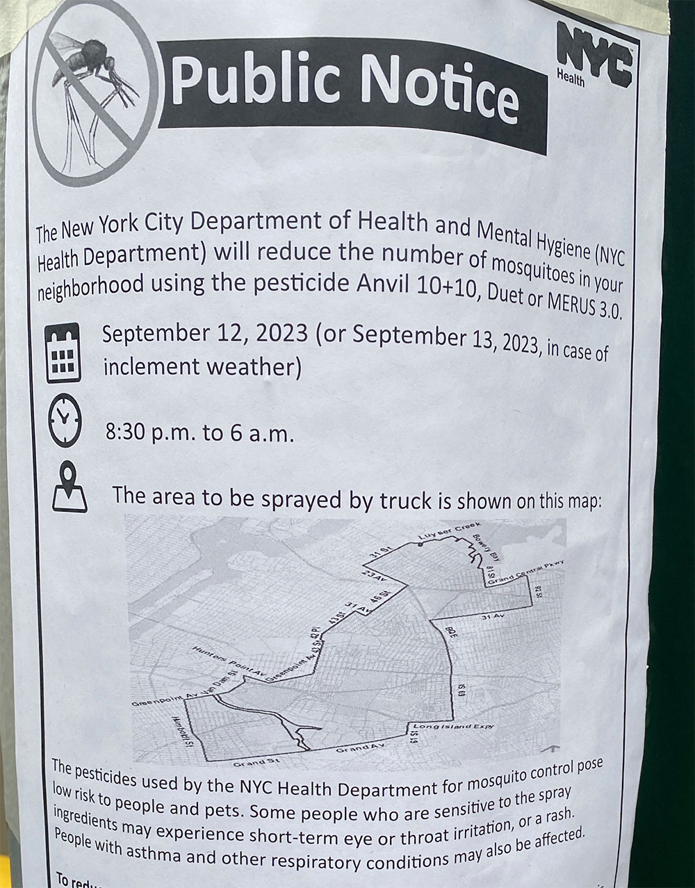 Mosquito spraying is planned for September 12
