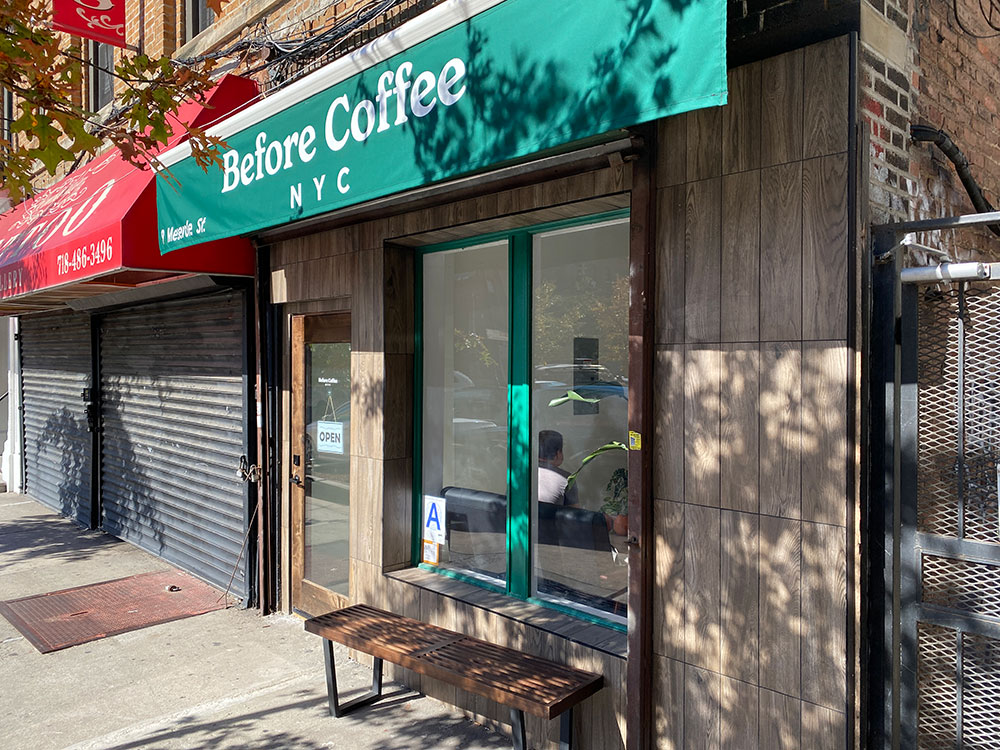 The front of the Before Coffee shop on Meserole Street at Union Ave