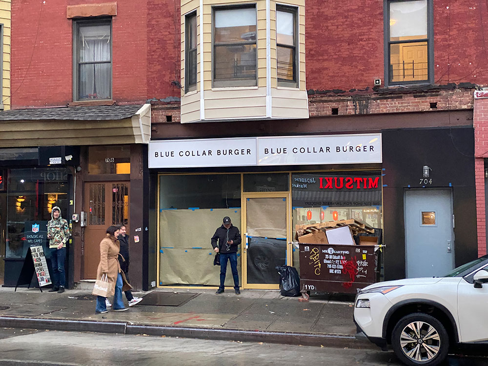 Blue collar serves burgers and fries and onion rings and is set to open on Manhattan Ave in Greenpoint